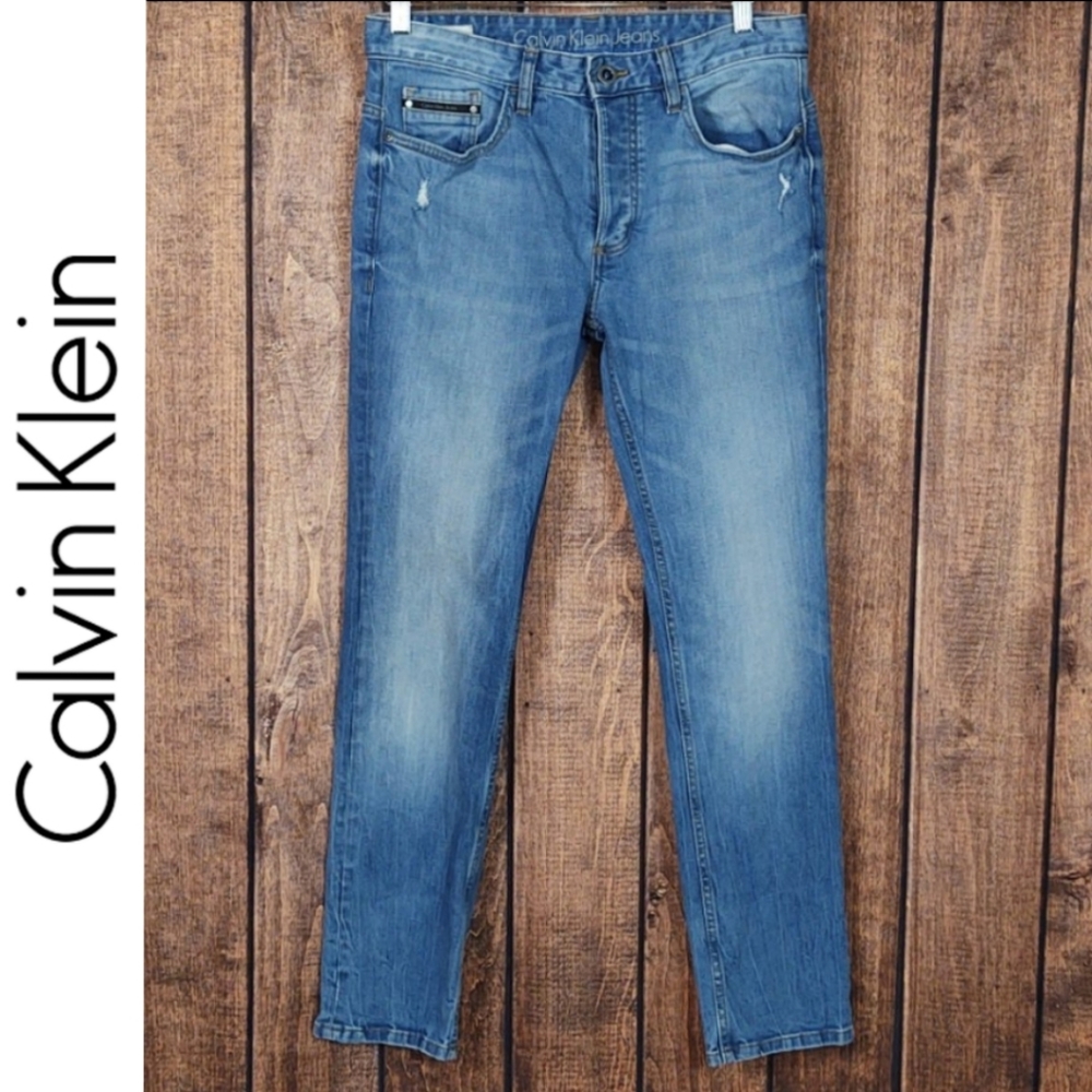 32x30 Distressed Skinny Stretch Mens Button Fly Jeans Excellent Condition